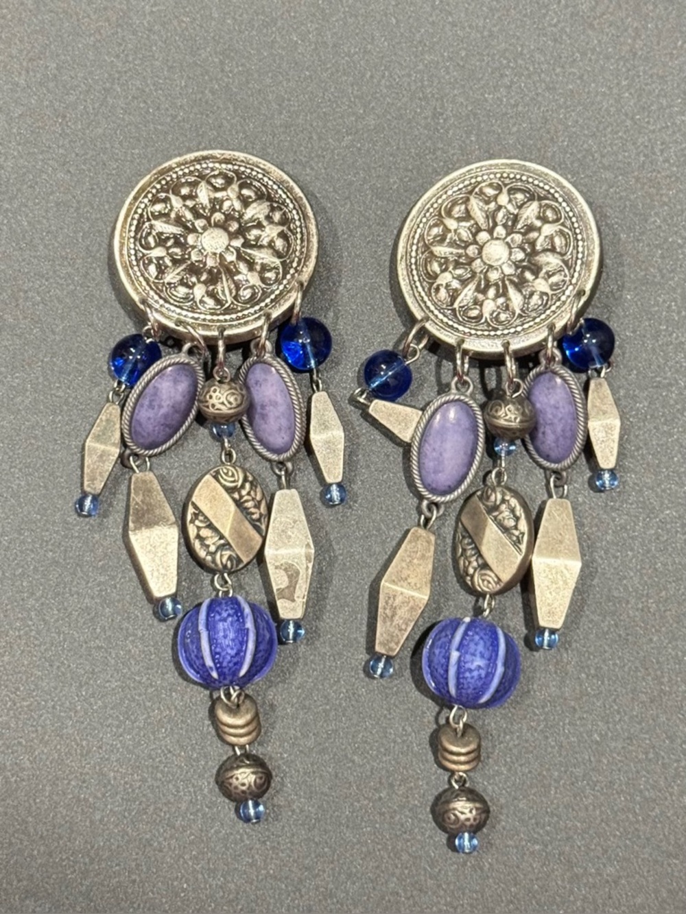 Vintage Bohemian Silver-Tone Dangle Earrings with Purple and Blue Beads